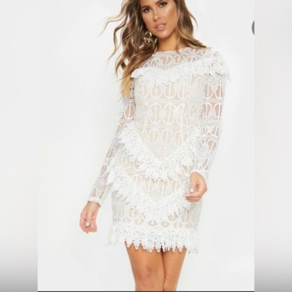 NWOT Pretty Little Thing US 6 UK 10 White Lace Long Sleeve Sheath Dress Bridal S